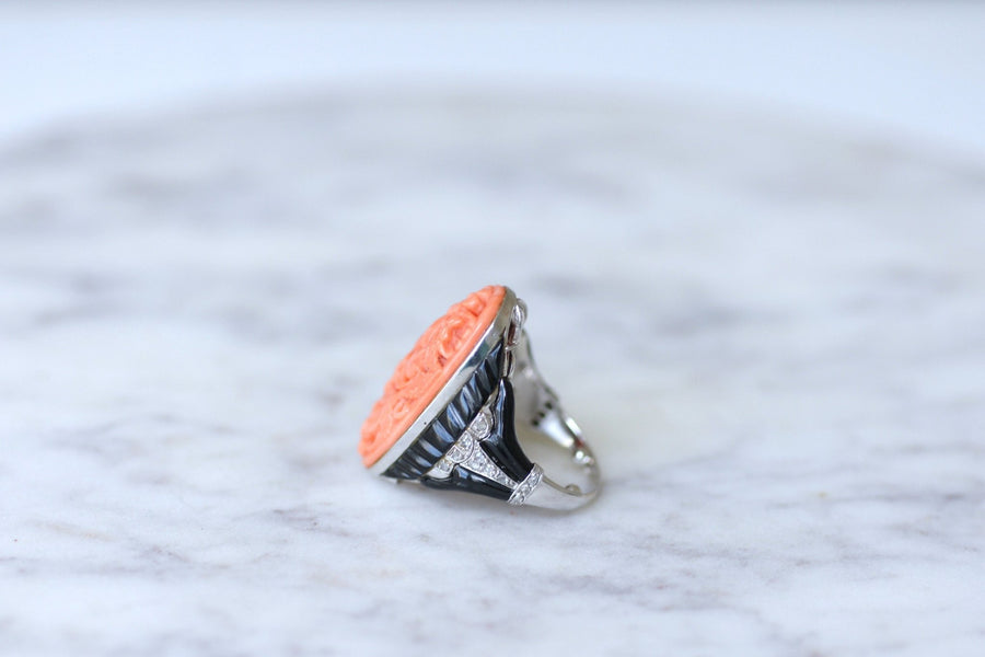 White Gold, Coral, Onyx and Diamond Art Deco Ring - Penelope Gallery
