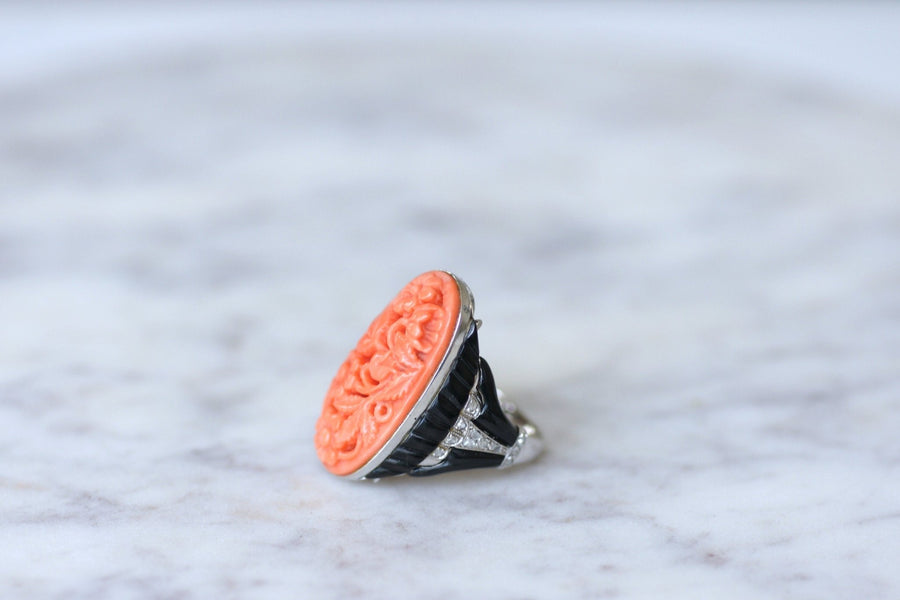 White Gold, Coral, Onyx and Diamond Art Deco Ring - Penelope Gallery