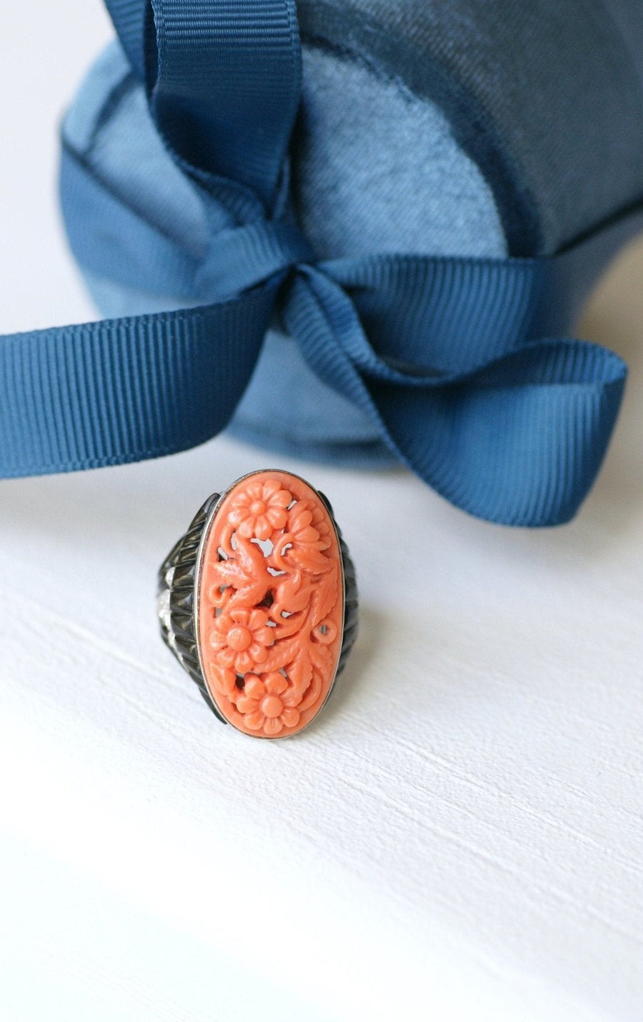 White Gold, Coral, Onyx and Diamond Art Deco Ring - Penelope Gallery