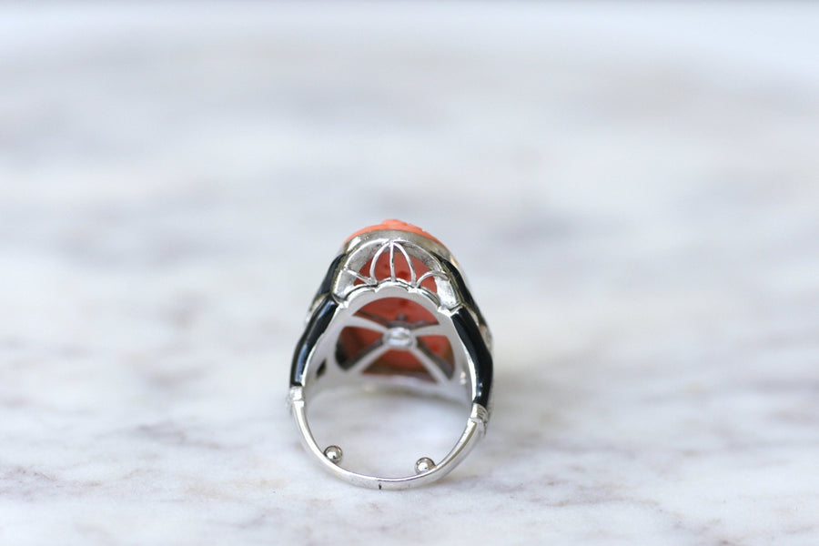 White Gold, Coral, Onyx and Diamond Art Deco Ring - Penelope Gallery