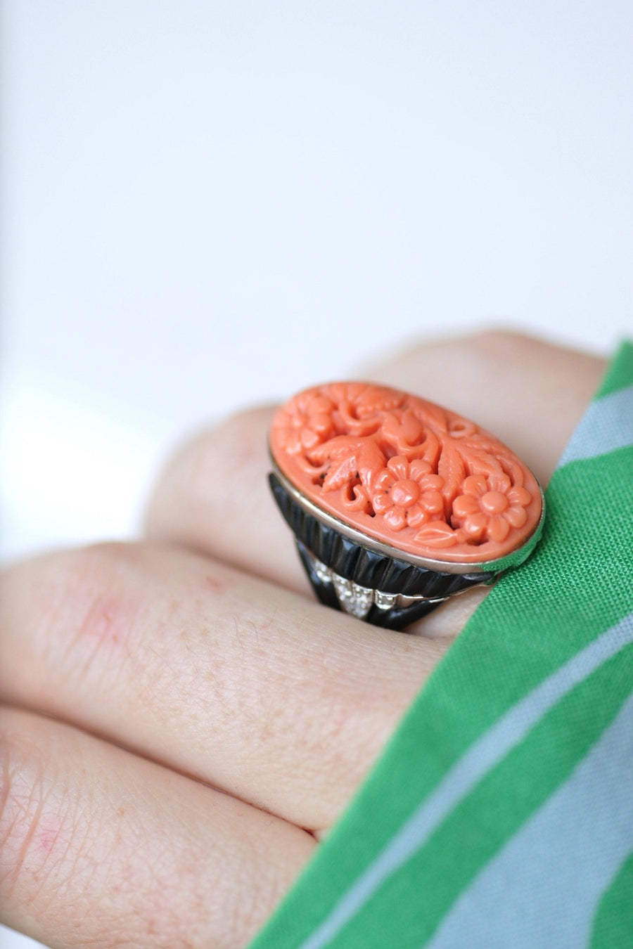 White Gold, Coral, Onyx and Diamond Art Deco Ring - Penelope Gallery