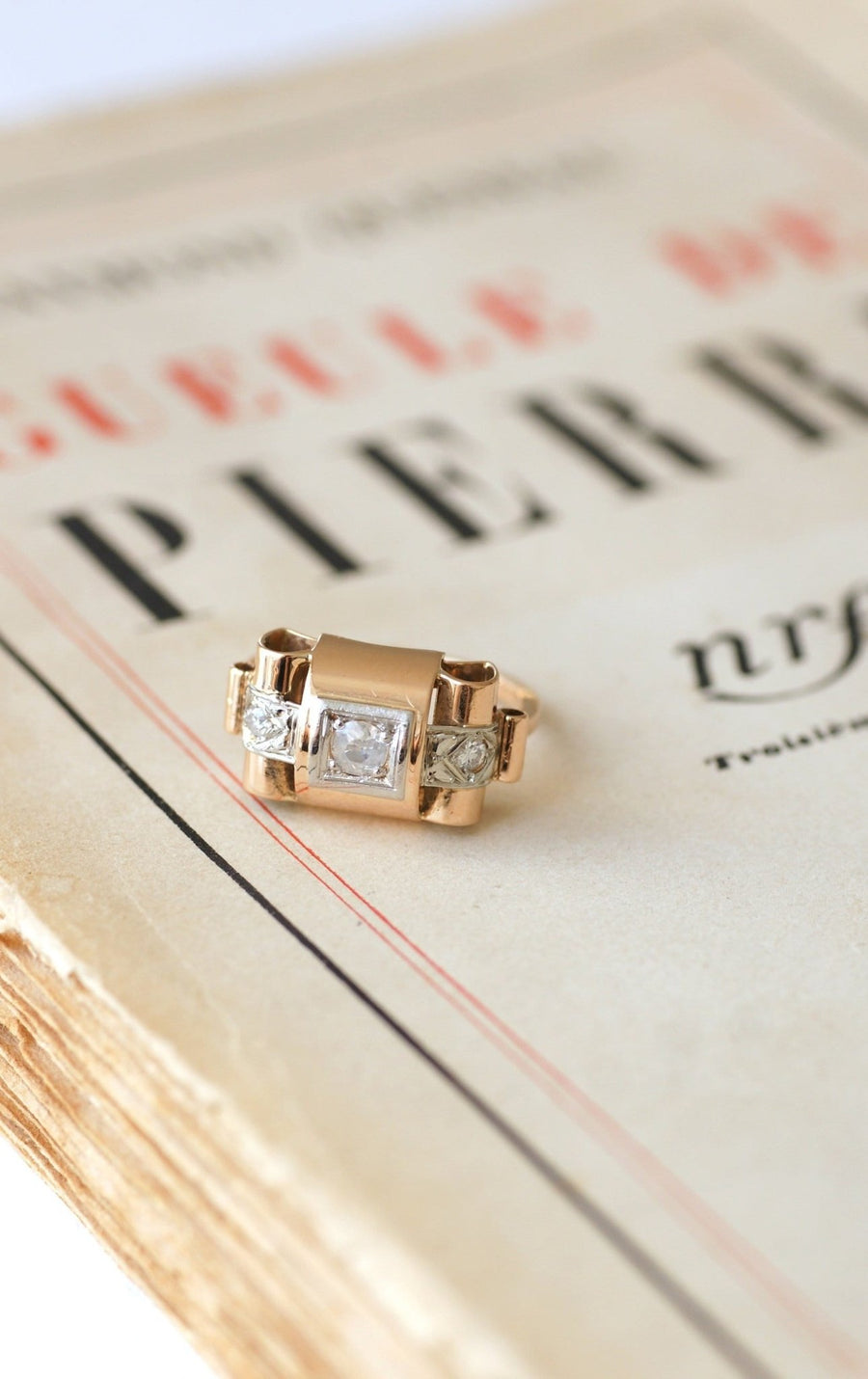 Rose gold, platinum and diamond tank ring - Penelope Gallery