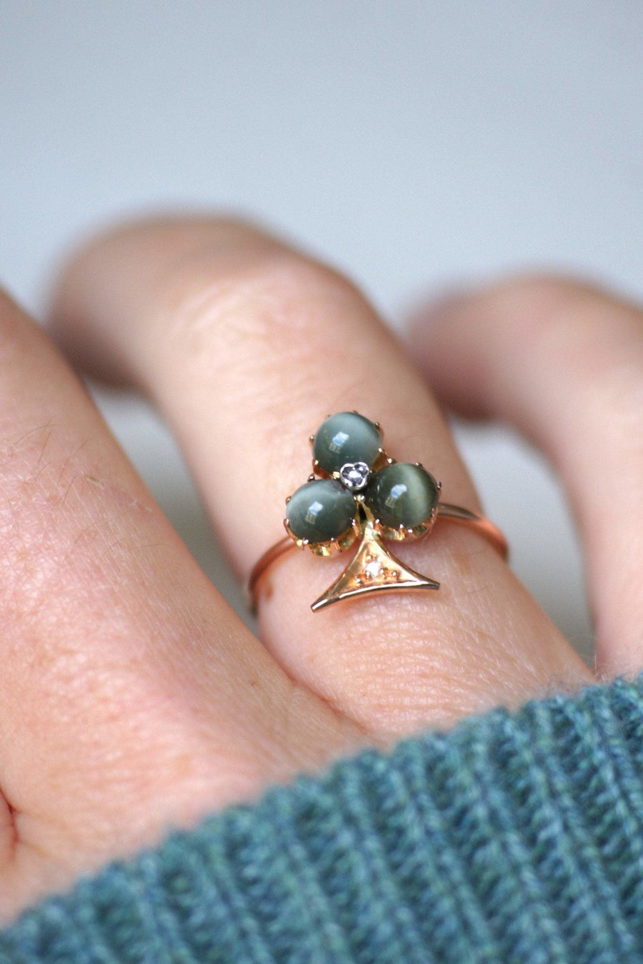 Chrysoberyl cat's eye clover ring with diamonds - Penelope Gallery