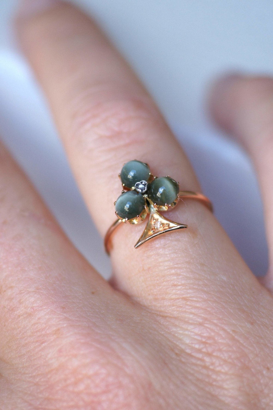 Chrysoberyl cat's eye clover ring with diamonds - Penelope Gallery