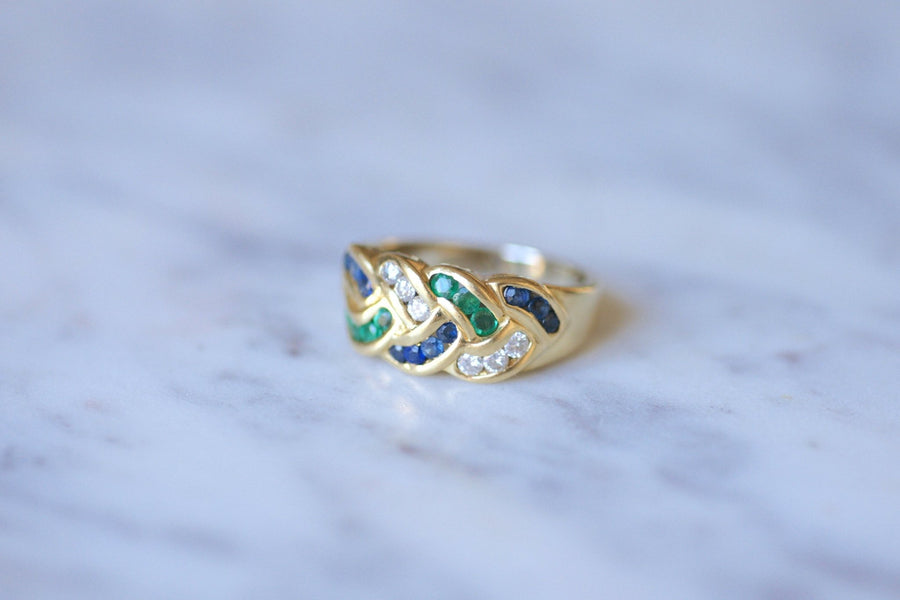 Vintage gold, sapphire, emeralds and diamonds braid ring - Galerie Pénélope