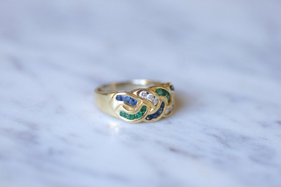Vintage gold, sapphire, emeralds and diamonds braid ring - Galerie Pénélope