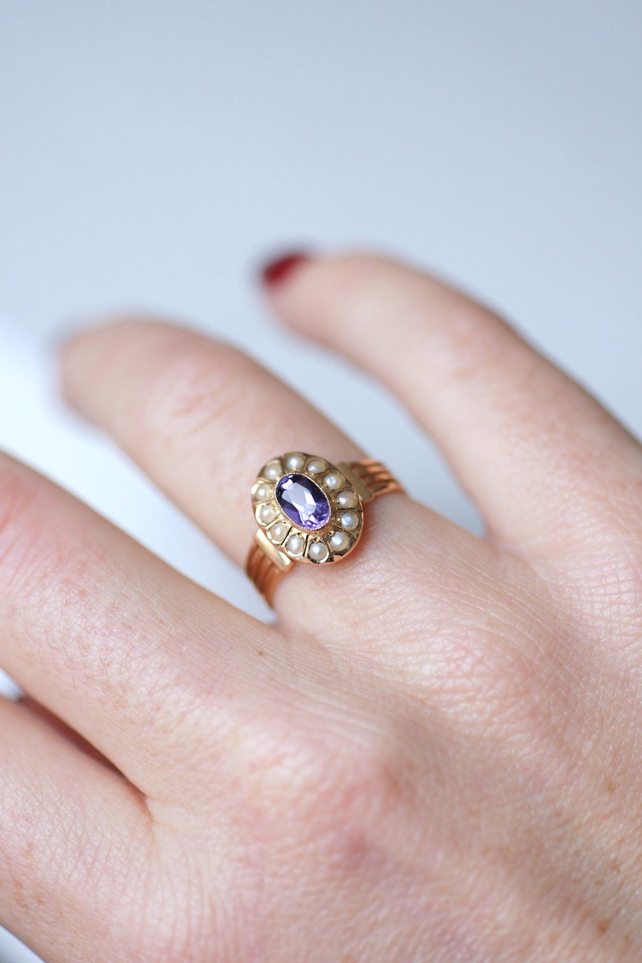 Amethyst and fine pearls Victorian ring in 18Kt pink gold - Galerie Pénélope