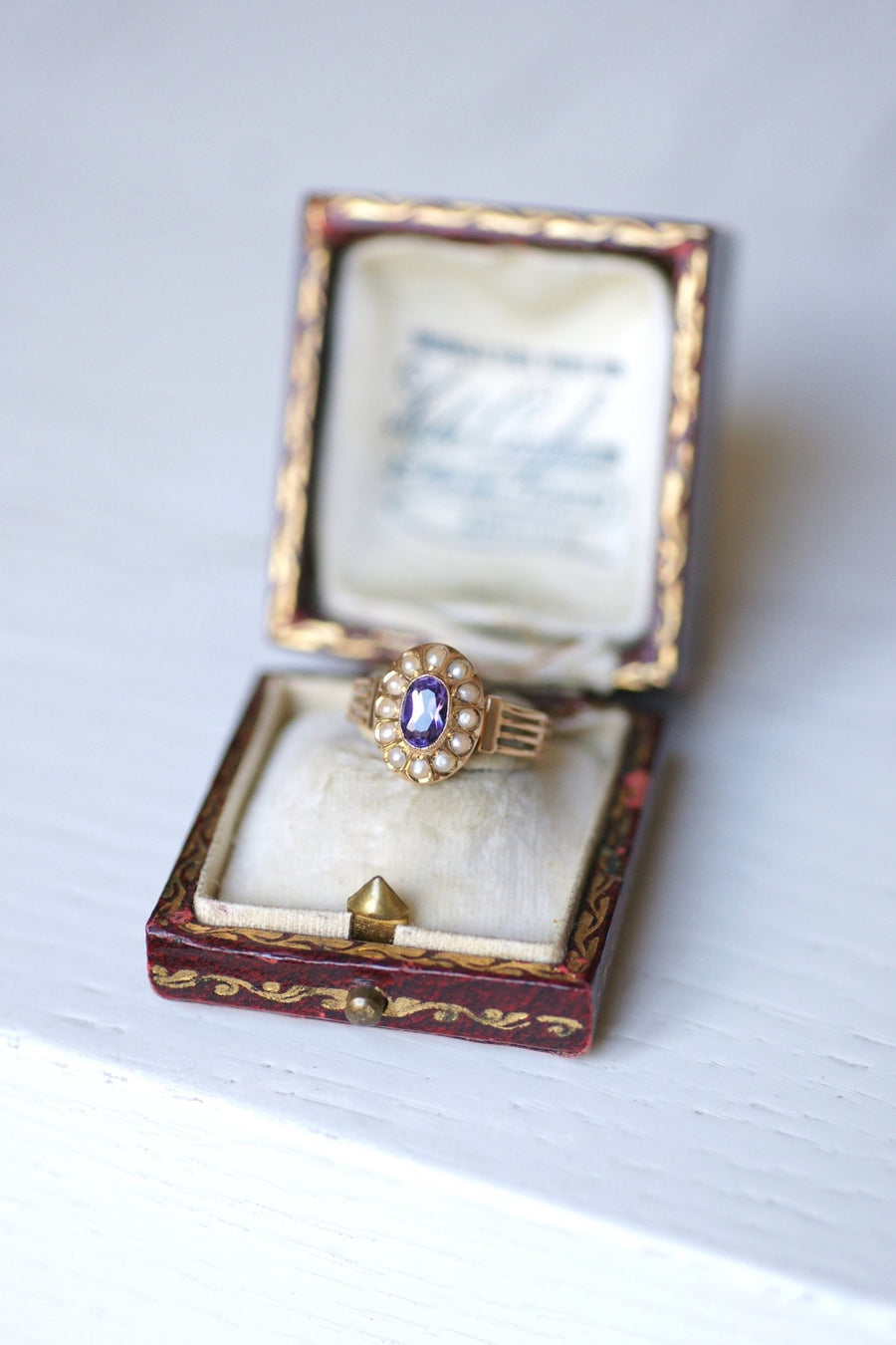 Amethyst and fine pearls Victorian ring in 18Kt pink gold - Galerie Pénélope