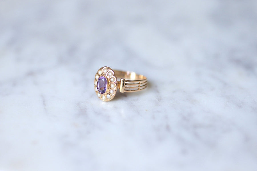 Amethyst and fine pearls Victorian ring in 18Kt pink gold - Galerie Pénélope