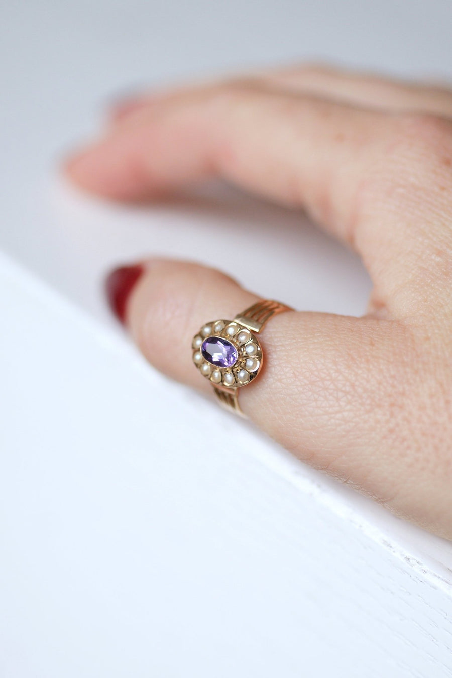 Amethyst and fine pearls Victorian ring in 18Kt pink gold - Galerie Pénélope