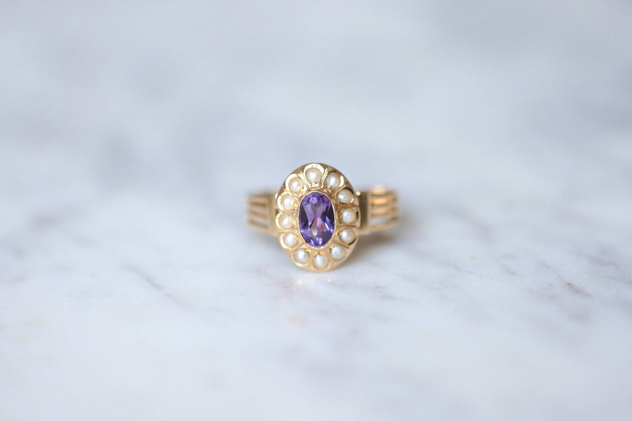 Amethyst and fine pearls Victorian ring in 18Kt pink gold - Galerie Pénélope