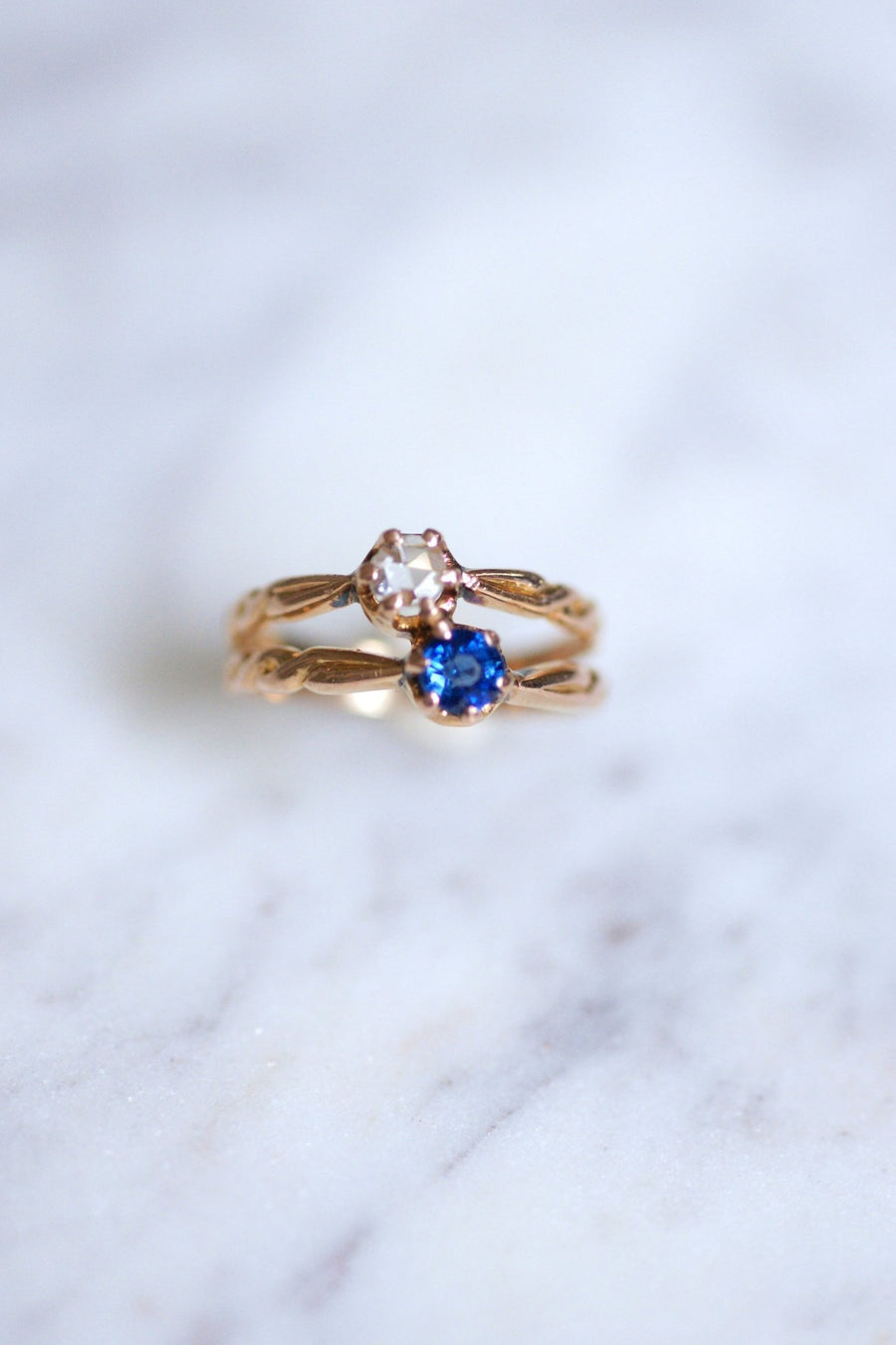 Pink gold, sapphire, and diamond Victorian engagement ring - Galerie Pénélope