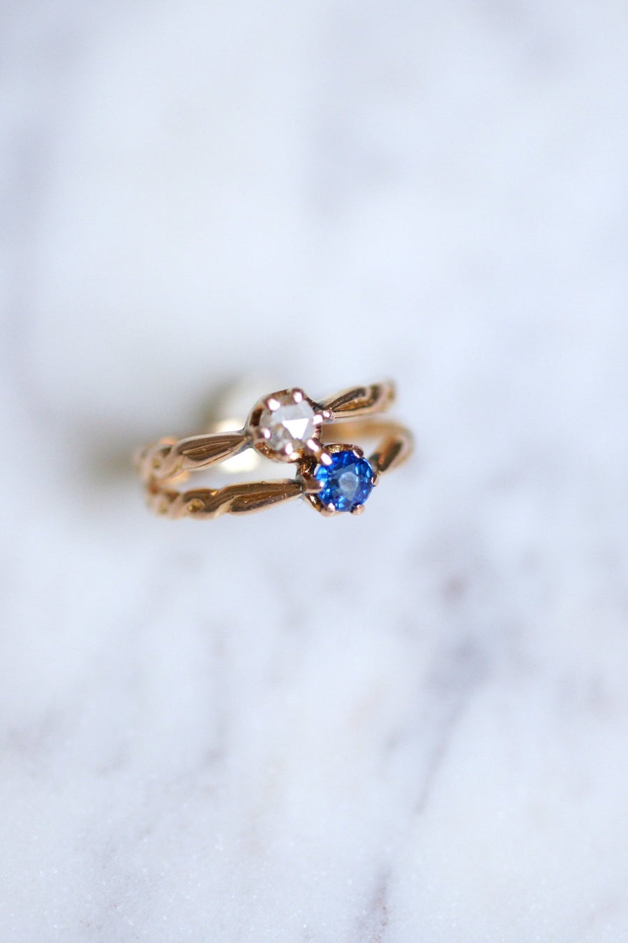 Pink gold, sapphire, and diamond Victorian engagement ring - Galerie Pénélope