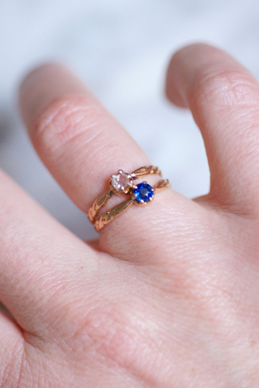 Pink gold, sapphire, and diamond Victorian engagement ring - Galerie Pénélope