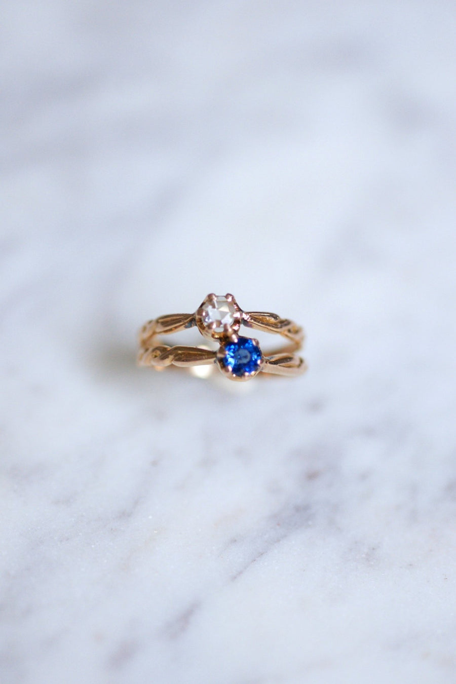Pink gold, sapphire, and diamond Victorian engagement ring - Galerie Pénélope