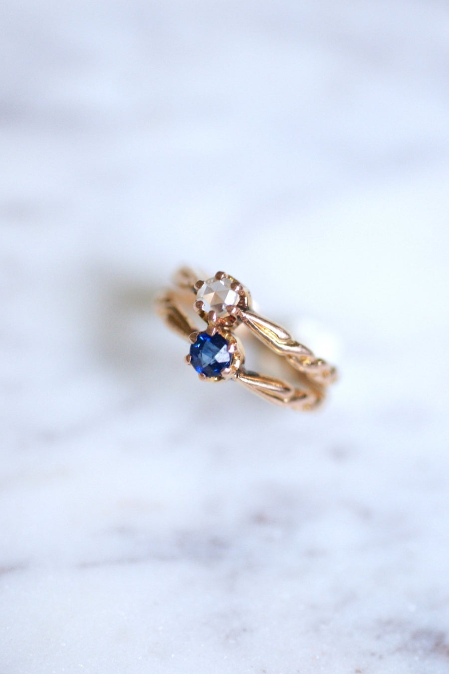 Pink gold, sapphire, and diamond Victorian engagement ring - Galerie Pénélope