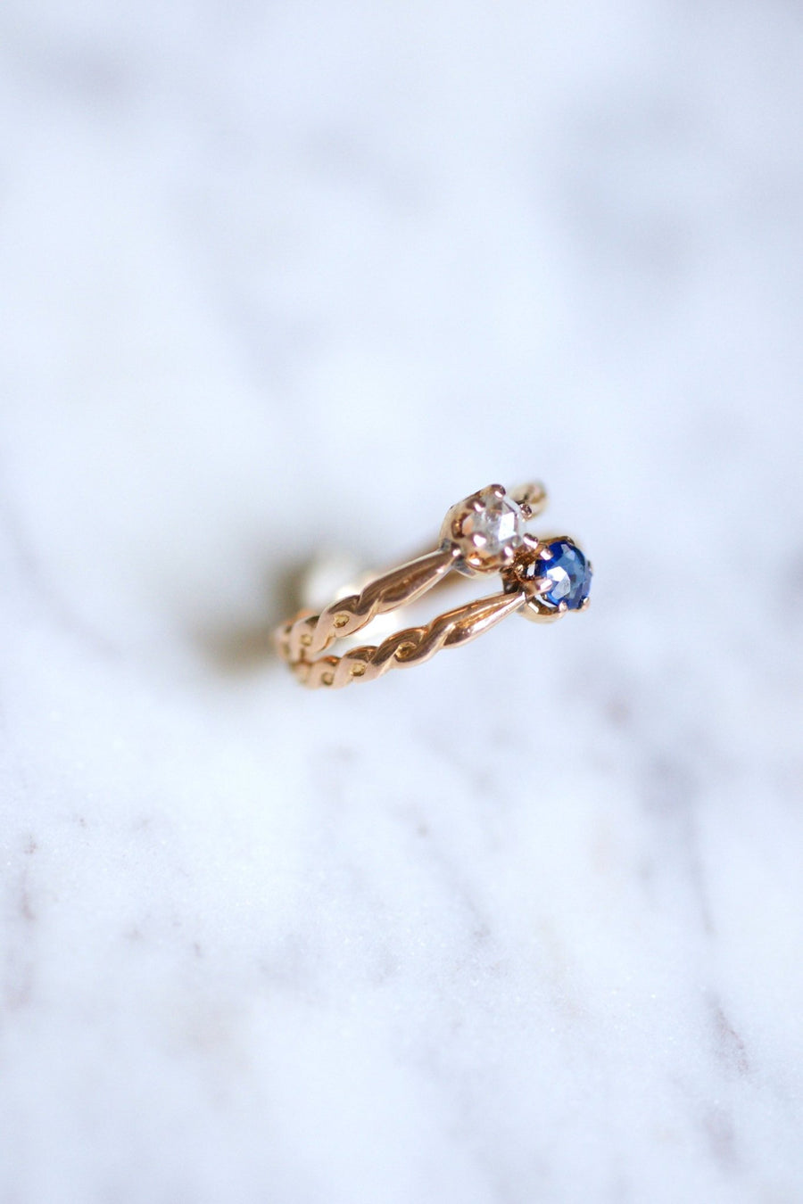 Pink gold, sapphire, and diamond Victorian engagement ring - Galerie Pénélope