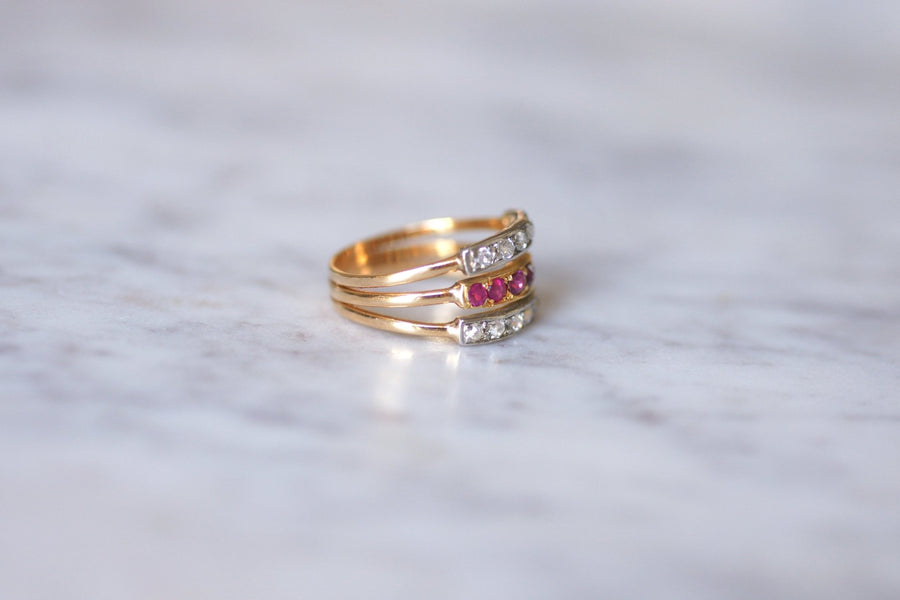 Victorian triple ring in pink gold, platinum, rubies and diamonds - Galerie Pénélope