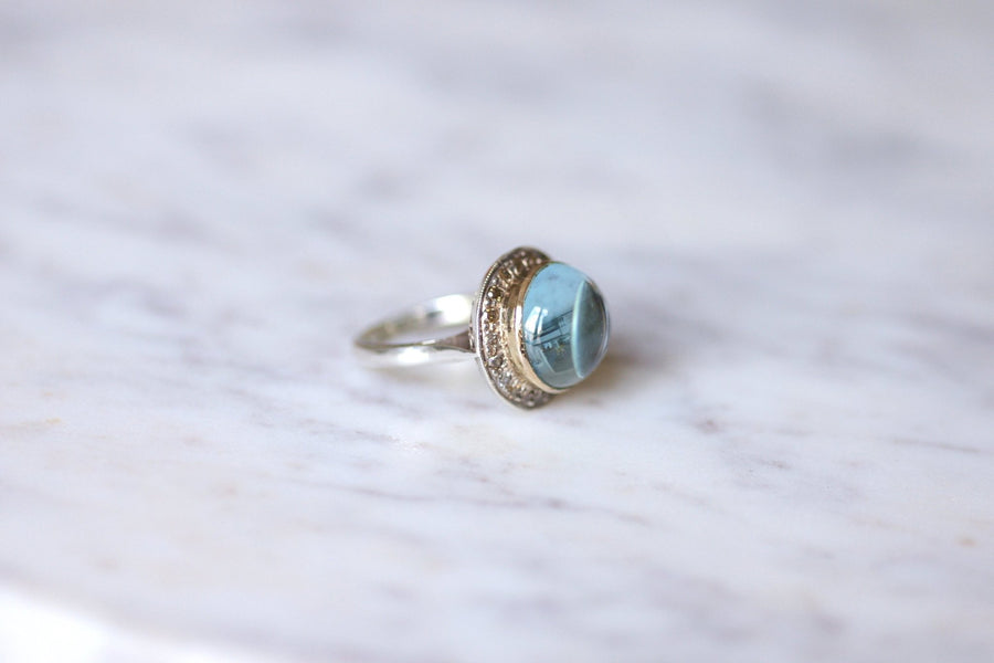 Vintage blue topaz and diamonds on gold and silver ring - Galerie Pénélope