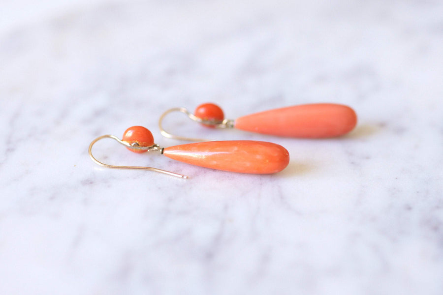 Antique gold and coral drop dangling earrings - Galerie Pénélope