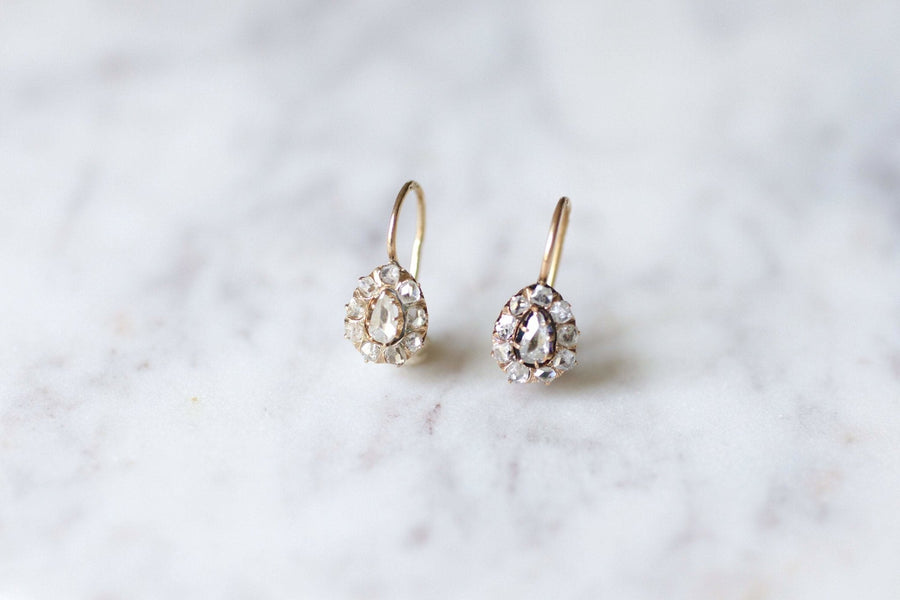 Antique earrings sleepy drops 14Kt pink gold and pink cut diamonds - Galerie Pénélope
