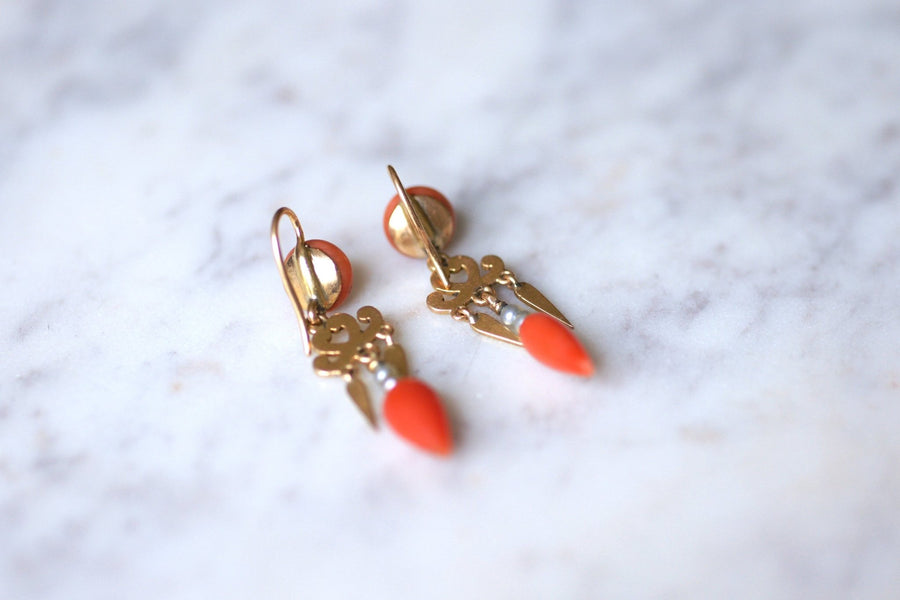 Antique pink gold, coral and pearl earrings - Galerie Pénélope