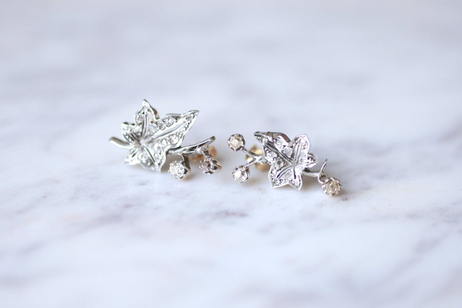 Antique ivy leaf earrings in gold, silver and diamonds - Galerie Pénélope