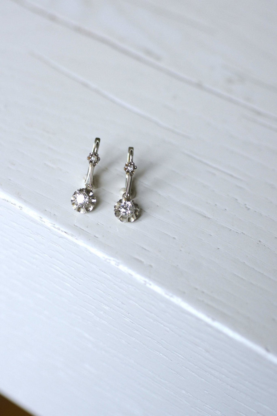 Antique white gold and diamond sleeper earrings - Penelope Gallery