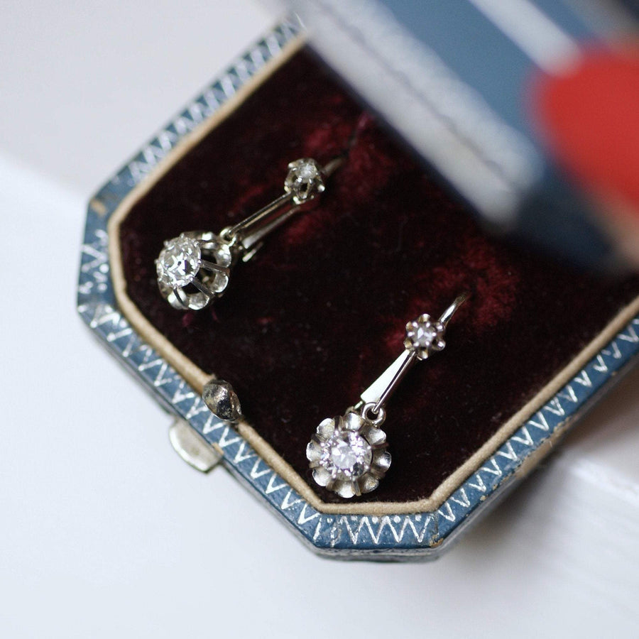 Antique white gold and diamond sleeper earrings - Penelope Gallery