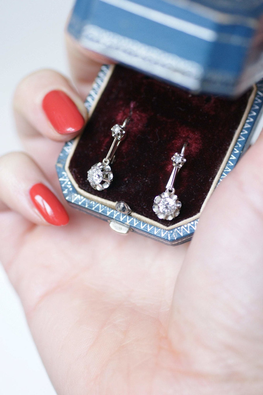 Antique white gold and diamond sleeper earrings - Penelope Gallery