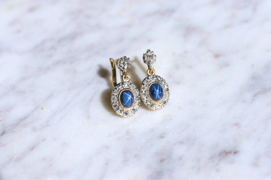 Antique gold, platinum, diamonds and star sapphires sleeper earrings - Galerie Pénélope