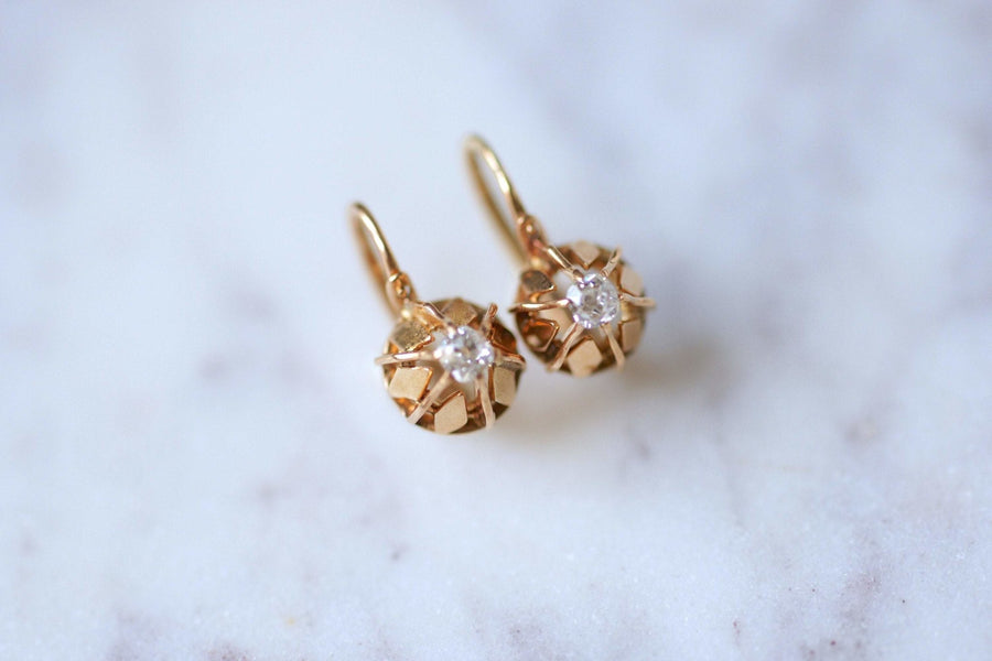 Antique pink gold and diamonds sleeper earrings - Galerie Pénélope