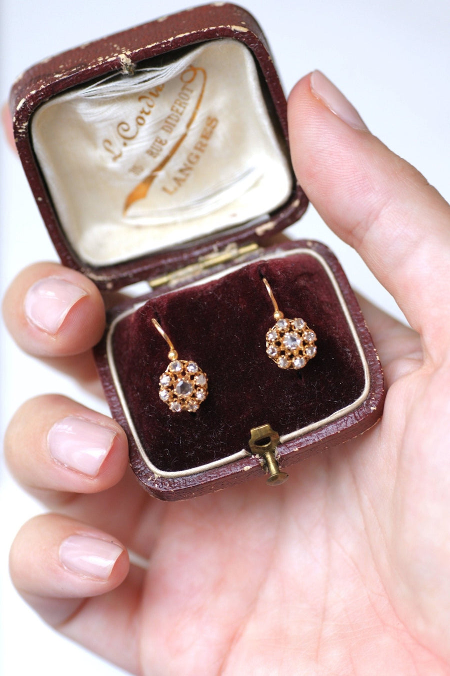 Antique pink gold diamond sleeper earrings - Penelope Gallery