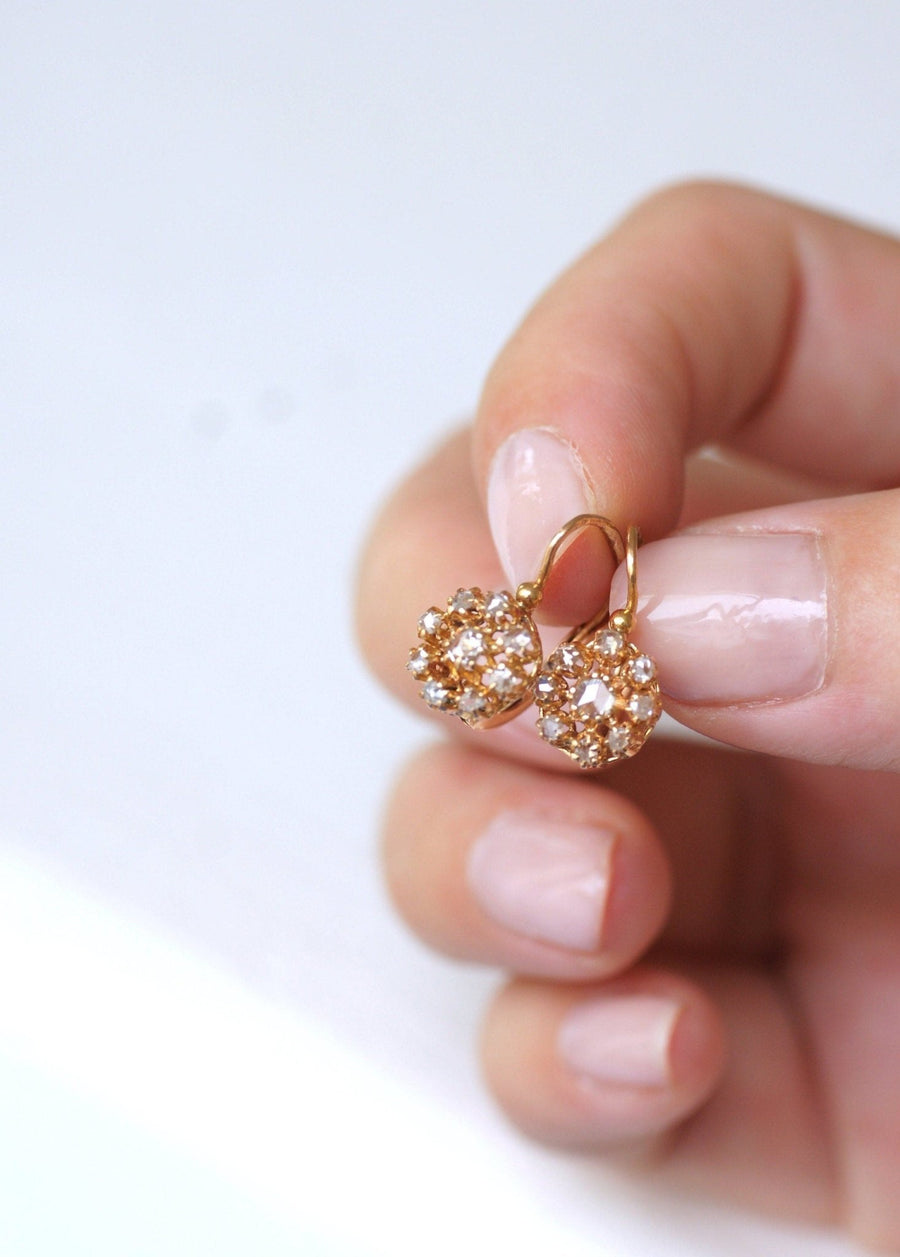 Antique pink gold diamond sleeper earrings - Penelope Gallery