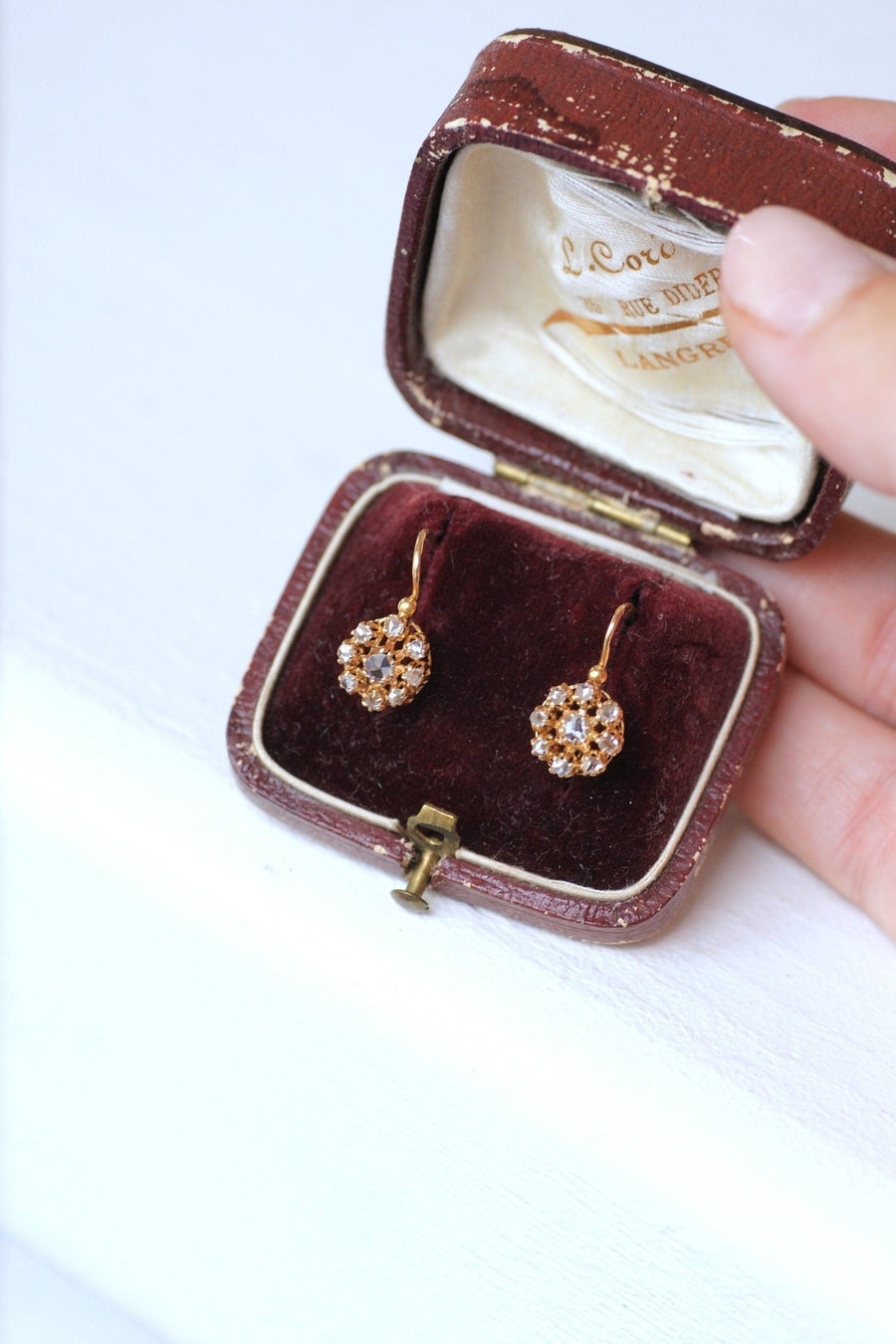 Antique pink gold diamond sleeper earrings - Penelope Gallery