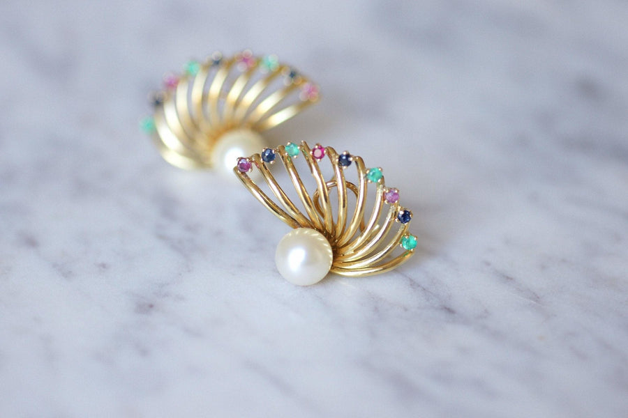 Vintage fan earrings in yellow gold, pearl, sapphire, ruby, emerald - Galerie Pénélope