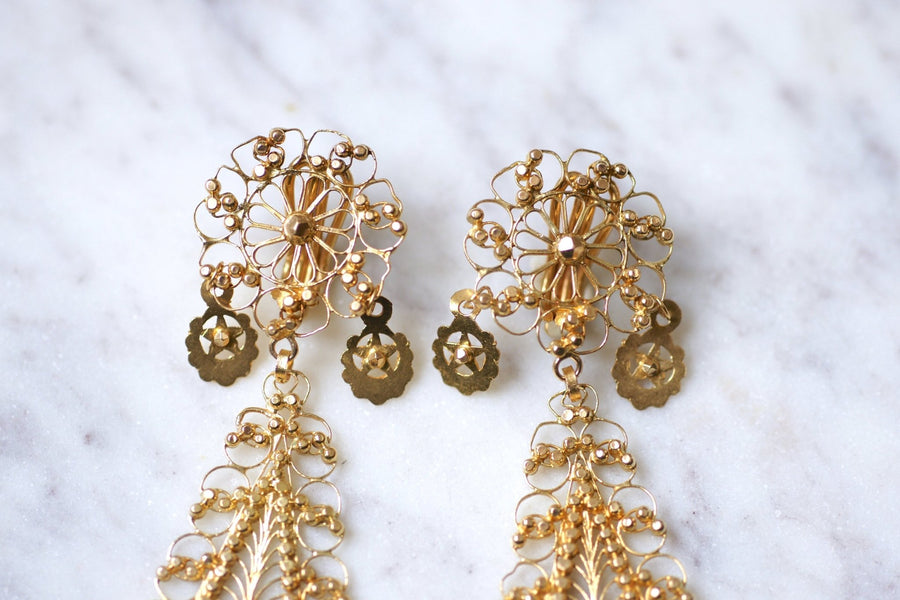 Filigree yellow gold drop earrings, vintage - Galerie Pénélope