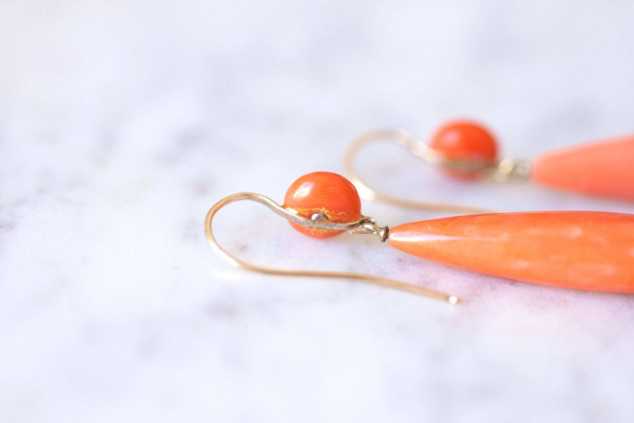 Antique gold and coral drop dangling earrings - Galerie Pénélope