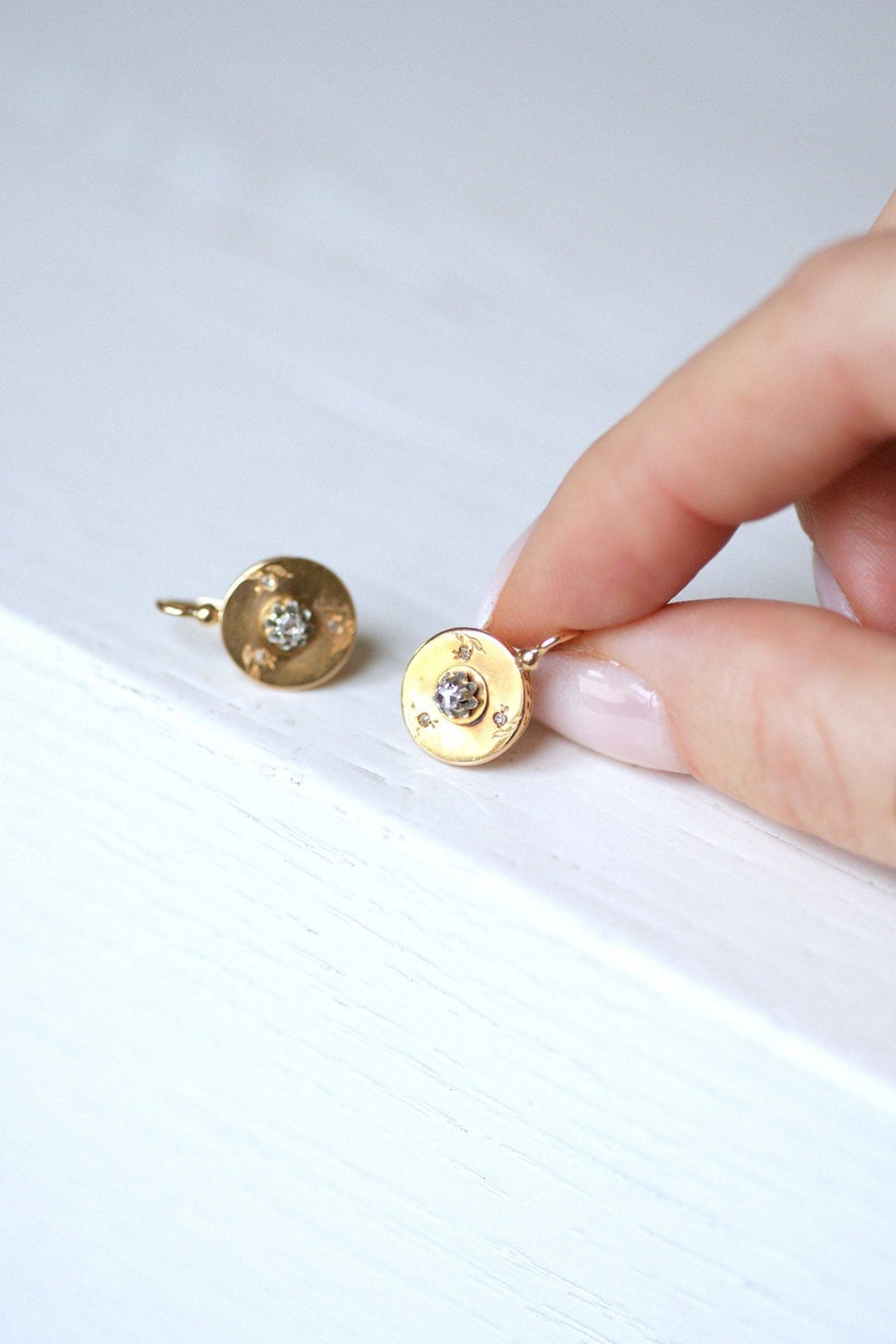 Antique yellow gold and diamonds round earrings - Galerie Pénélope