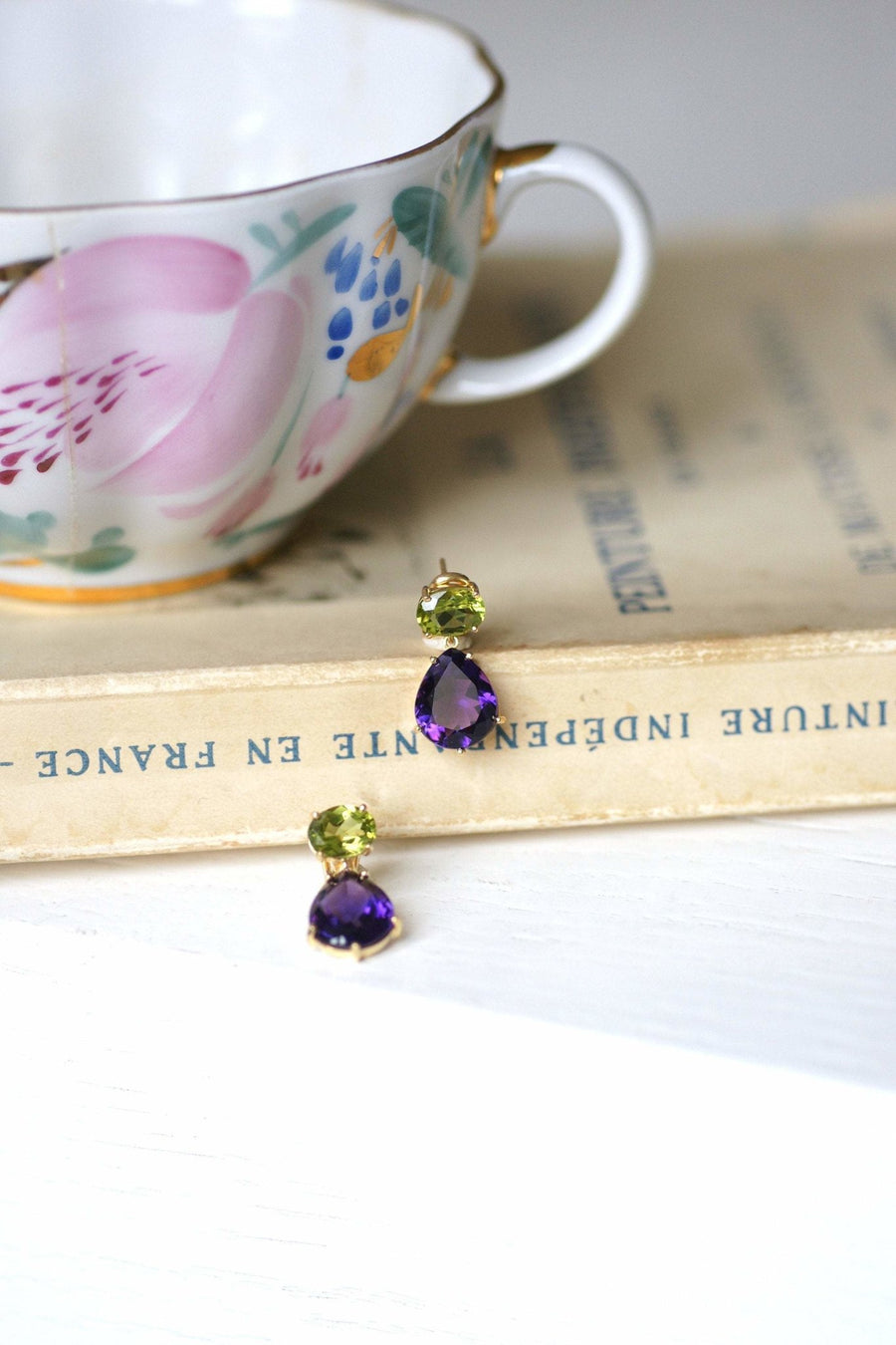 Vintage gold, amethyst and peridot drop earrings - Penelope Gallery