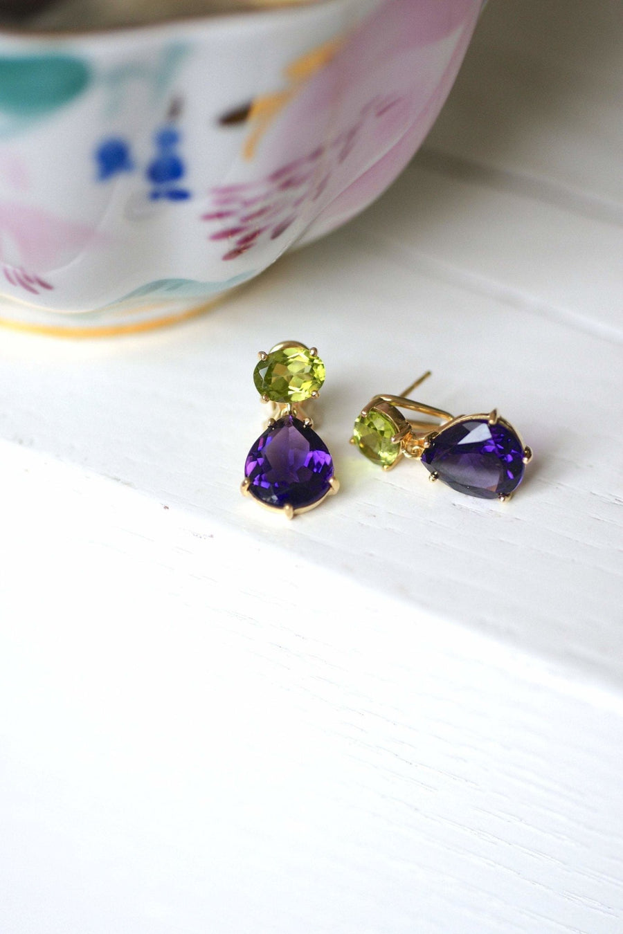 Vintage gold, amethyst and peridot drop earrings - Penelope Gallery