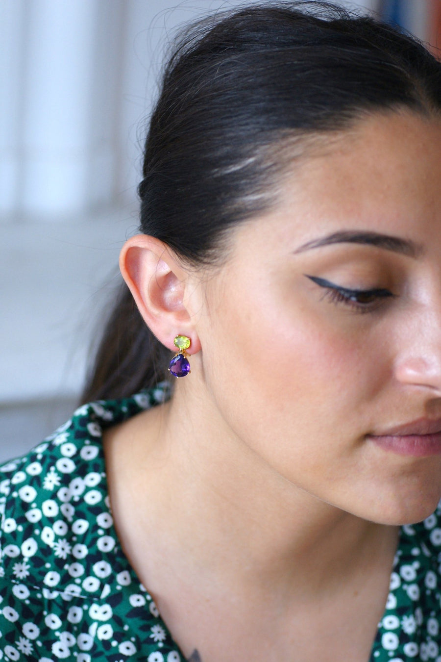 Vintage gold, amethyst and peridot drop earrings - Penelope Gallery
