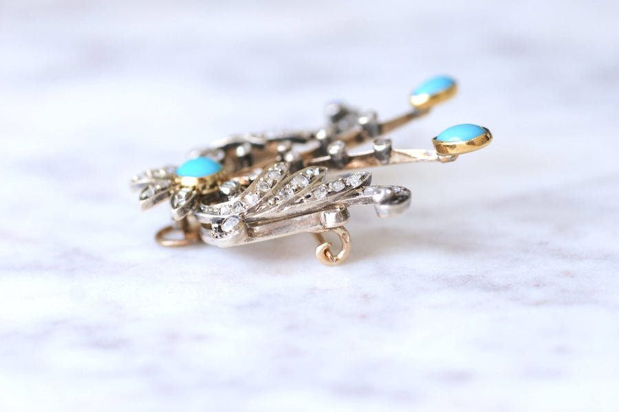 Antique egret brooch in pink gold, silver, diamonds and turquoise - Galerie Pénélope