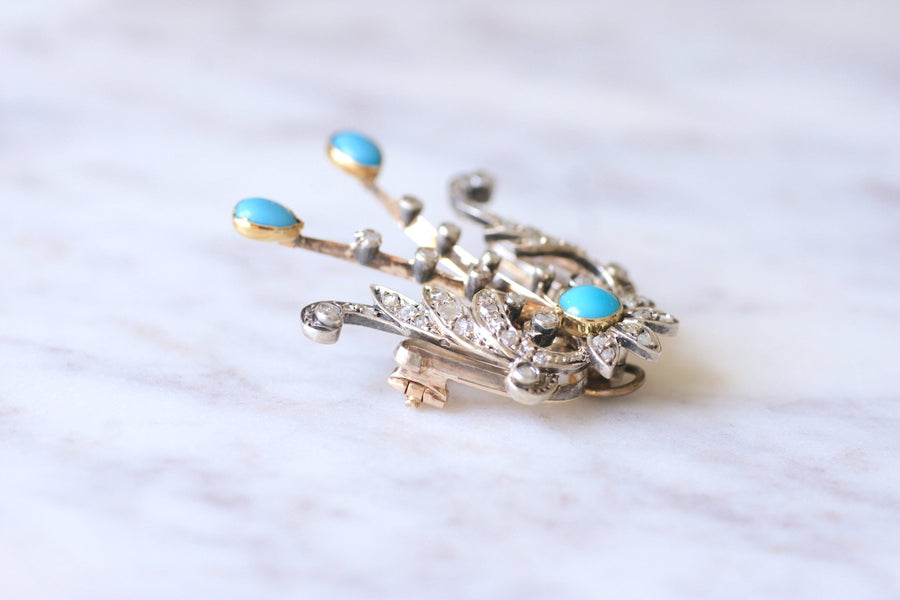 Antique egret brooch in pink gold, silver, diamonds and turquoise - Galerie Pénélope