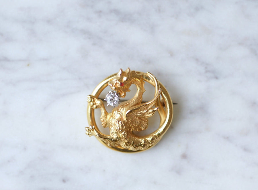 Gold and diamond Chimera brooch - Penelope Gallery