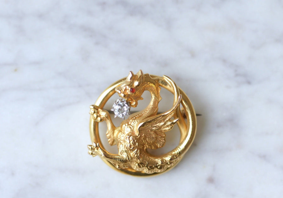 Gold and diamond Chimera brooch - Penelope Gallery