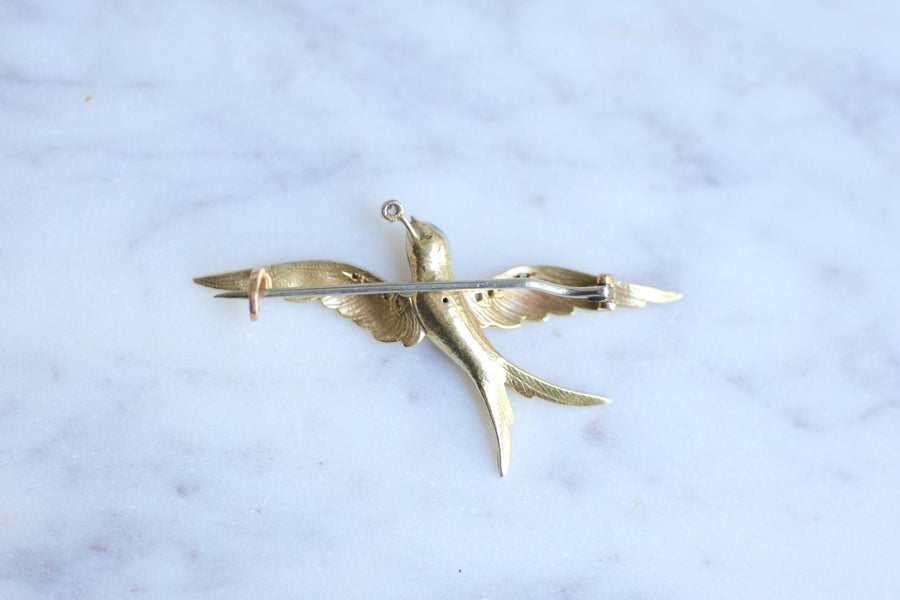 Swallow brooch in antique yellow gold, diamonds and enamel - Galerie Pénélope