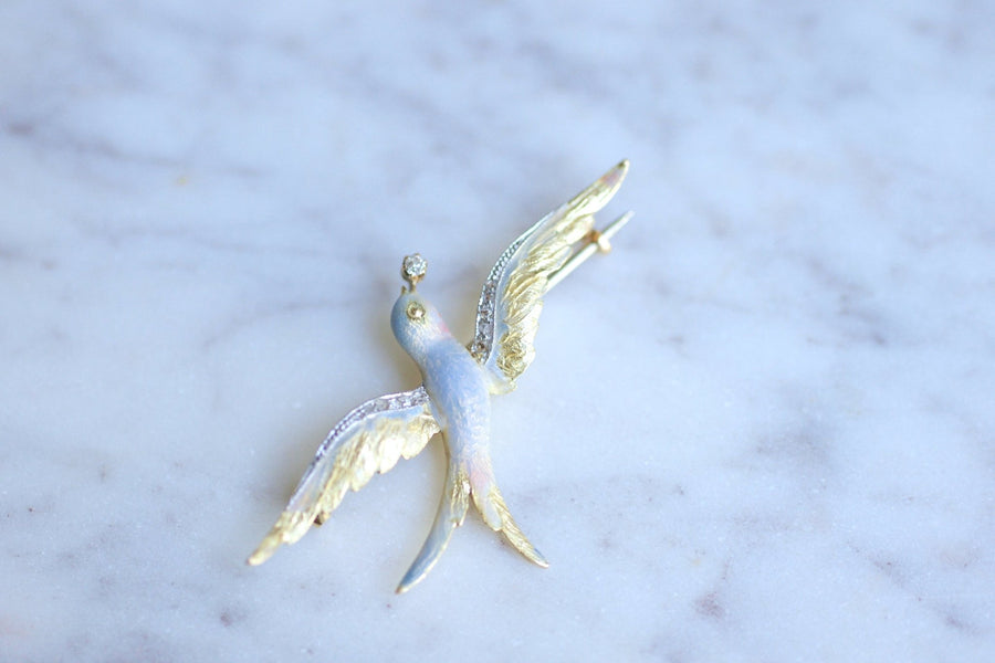 Swallow brooch in antique yellow gold, diamonds and enamel - Galerie Pénélope