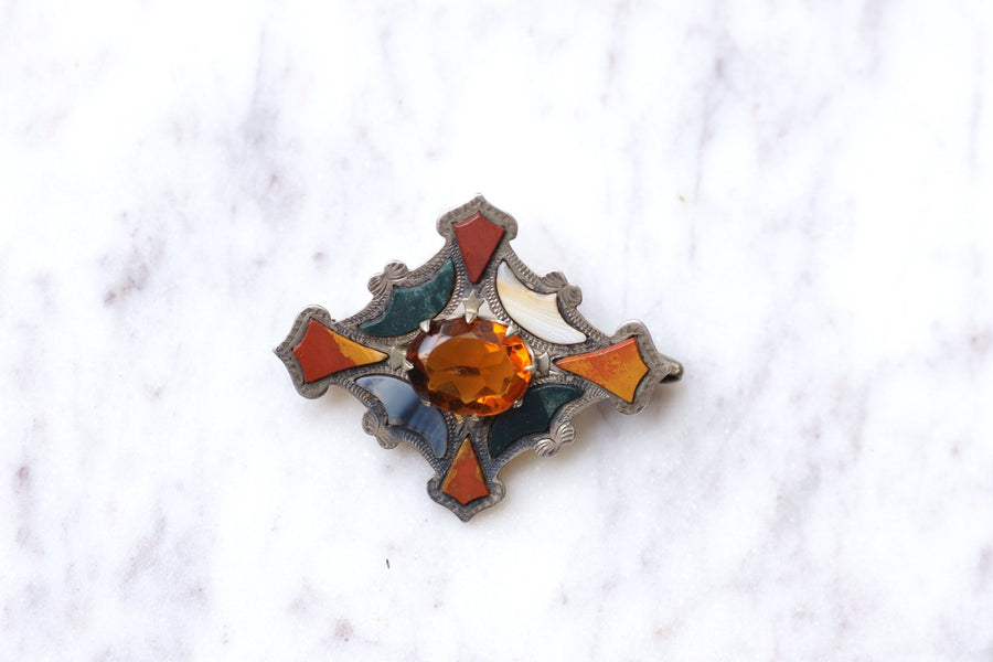 Antique silver, jasper and agate diamond brooch - Galerie Pénélope