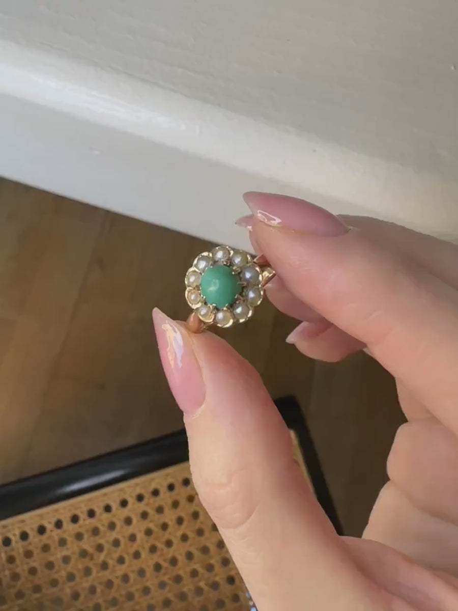 Antique Marguerite turquoise ring with pearls on pink gold